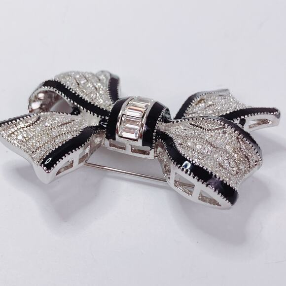 Signed Graziano Silver Tone Black Enamel Rhinestone Bow Brooch Vintage Designer - Picture 3 of 14